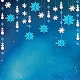 pinkblume Frozen Party Snowflake Decoration Kit–Winter Wonderland Decorations White 3D Paper Snowflake Garland,Blue Large Hanging Snowflake Banner,Purple and Blue Snowman Garland