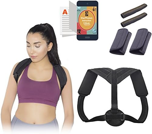 SharpPosture Adjustable Posture Corrector for Women and Men, Upper Back and Shoulder Brace for Clavicle Support, Slouching, and Hunching, Comes with 4 Extra Pads and E-Book, Comfortable and Breathable