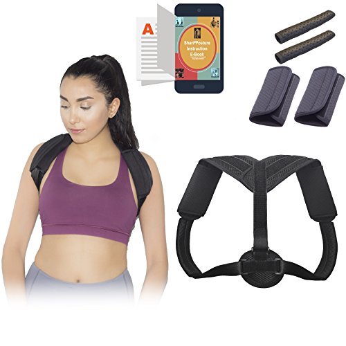 SharpPosture Adjustable Posture Corrector for Women and Men, Upper Back and Shoulder Brace for Clavicle Support, Slouching, and Hunching, Comes with 4 Extra Pads and E-Book, Comfortable and Breathable