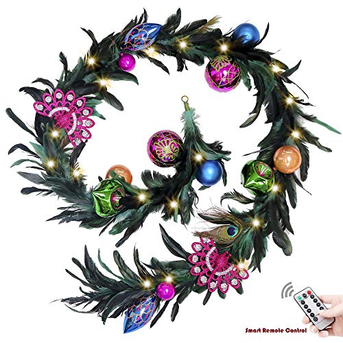 Valery Madelyn 6 Feet/72 Inch Peacock Christmas Garland with Ball Ornaments for Christmas Wedding Party Decoration, Battery Operated 20 LED Lights