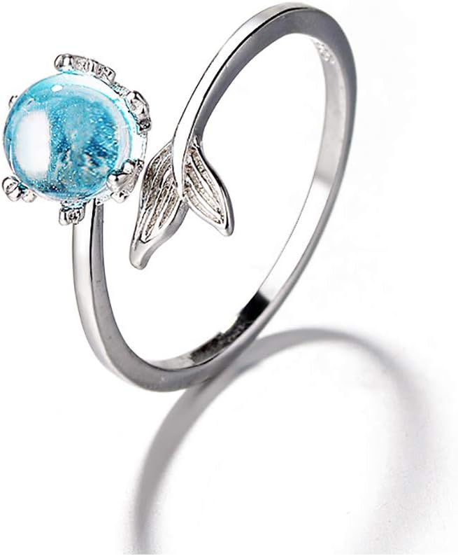 Orris Princess of Ocean Mermaid Sterling Silver Blue Crystal Adjustable Free Size Open Ring