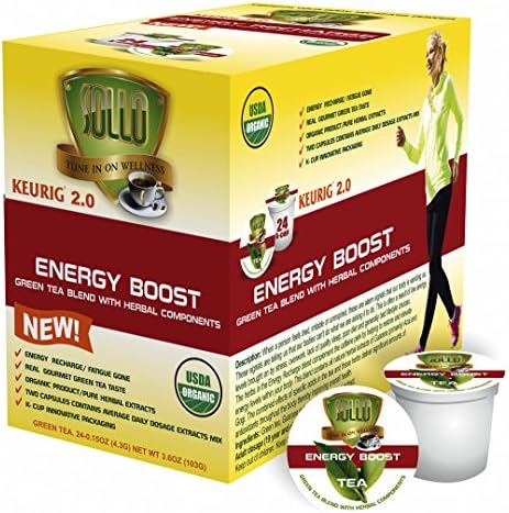 SOLLO Organic Green Tea Pods Compatible With 2.0 K-Cup Keurig Brewers, Energy Boost Organic Green Tea With Herbal Extracts, 24 Count per Box, Organic, Wellness Functional Tea
