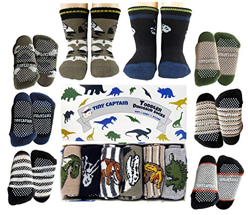 Tiny Captain Toddler Boy Dinosaur Sock 1-3 Year Old Baby Non Slip Grip 8-36 Months Gift Set 6 Pack (Dark Colors) - Thumbnail 5