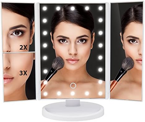 Lighted Makeup Mirror - Tri-Fold White Vanity Mirror with Bright Dimmable LED Lights - This Cosmetic Mirror Has 2X and 3X Magnifying Mirrors - Perfect For Your Bathroom, Bedroom or Travel
