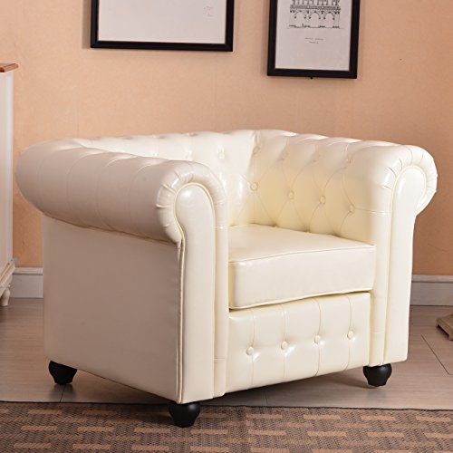 Belleze Scroll Armrest Chair Classic Accent Living Room Tufted Leather Seat, Cream