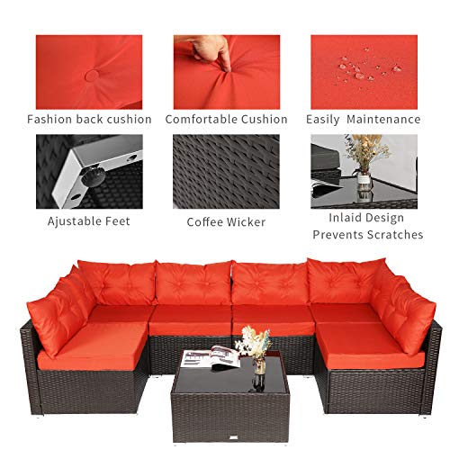 Amooly 7 Pieces Patio PE Rattan Sofa Set Outdoor Sectional Furniture Wicker Chair Conversation Set with Cushions and Tea Table