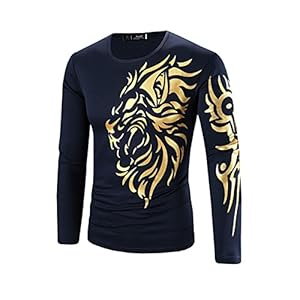 Alamor Heren Leeuw Goud Stempelen Patroon Casual T-Shirt Katoen Gemengde Tops-Donkerblauw-L