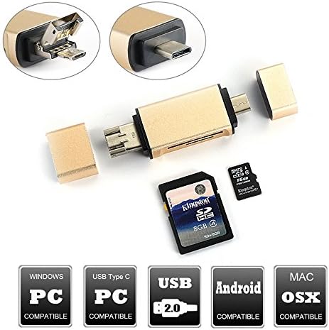 Soft Rank OTG Type C Memory Card Reader Adapter with USB C Male Connector, USB 2.0 Port, Micro USB Port, and MicroSD &amp; SD Card Reader - Gold