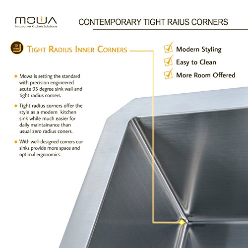 MOWA HUS2318 Pro Series R10 Tight Radius Handmade 23" 16 Gauge Stainless Steel Undermount Single Bowl Modern Kitchen Sink