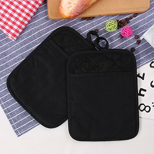 100% Cotton with Silicone Kitchen Everyday Basic Pot Holder Heat Resistant Coaster Potholder Oven Mitts with Pocket for Cooking and Baking Set of 2 Black - Thumbnail 6