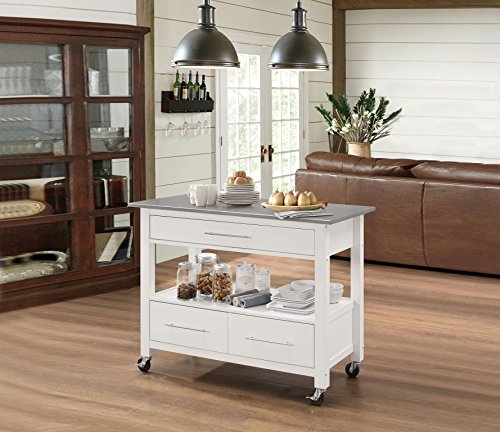 Major-Q 9098330 Stainless Steel and White Finish Wheeled Kitchen Island Cart with Drawers and Open Storage - Thumbnail 2