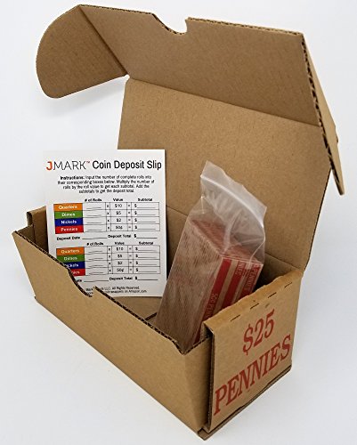 J Mark 100 Count Assorted Flat Coin Roll Wrappers - Made in USA, 25 Each of Quarter, Penny, Nickel and Dime Rollers and J Mark Coin Deposit Slip