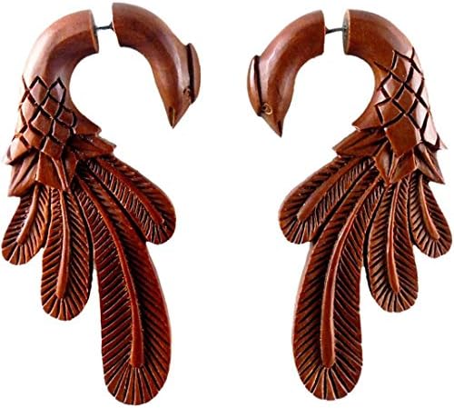 Peacock Pheasant. sabo wood tribal earrings.