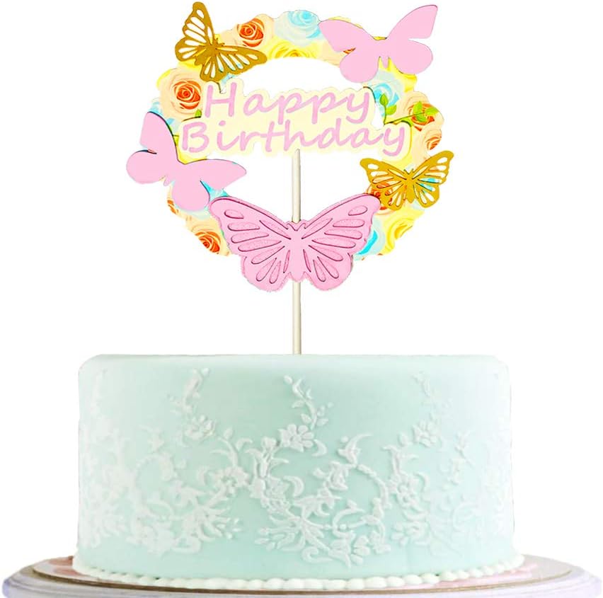 BLINGBLING Happy Birthday Cake Topper Pink with Gold Butterfly - Fashion Cake Cupcake Topper for Baby Neutral Kids Adult Elder- Birthday Party Baby Shower Decorations Party Supplies