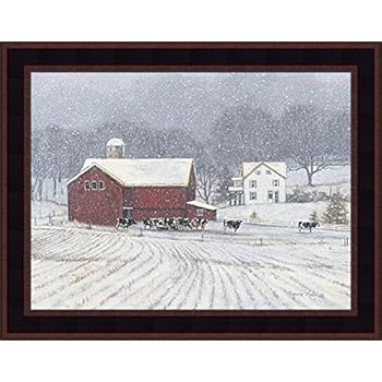 The Home Place by Bonnie Mohr 15x19 Cattle Cows Dairy Farm Red Barn Winter Snow Art Print Wall Décor Framed Picture