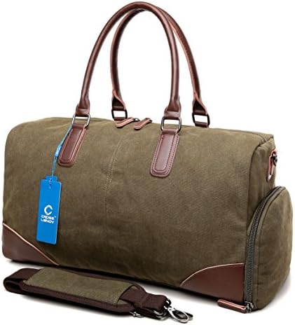 CrossLandy Canvas Duffle Bag Heavy Duty Travel Overnight Bags Weekender Tote with Shoe Compartment Leather Trim Gym Bag for Men and Women