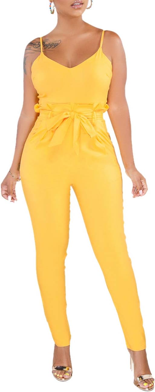 CutieLove Women's Casual Jumpsuits Adjustable Spaghetti Strap Bodycon Backless Sleeveless Long Pants with Belt