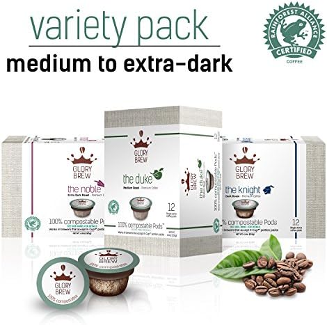 GLORYBREW – Variety Pack - 108 pack 100% Compostable Coffee Pods for Keurig K-Cup Brewers - Rainforest Alliance Certified – Medium, Dark &amp; Extra Dark Roast | Better than Biodegradable Coffee Pods