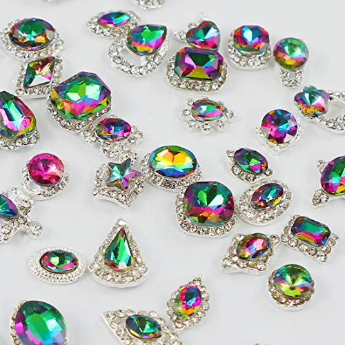 48pcs Big Mix Sizes Different Shapes Colorful AB Iridescent 3D Crystals Diamonds Large Rhinestones Bow Silver Metal Charms Gems Stones for Nail Art Beauty Design Decoration Craft Jewelry DIY