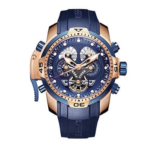 Reef Tiger Men's Military Watches Rose Gold Complicated Blue Dial Watch Automatic Sport Watches RGA3503