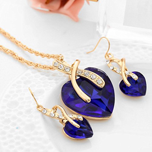 Mother's Day Gift Daoroka Austrian Crystal Fashion Heart Jewelry Sets Necklace Earrings Wedding Party Accessories (Length:44 cm +5cm Earrings 2.9cm, Blue)