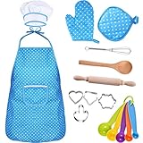 Bememo Kids Chef Set Children Cooking Play Kids Cook Costume with Utensils for Girls Children's Day Gift, 16 Pieces (Blue)