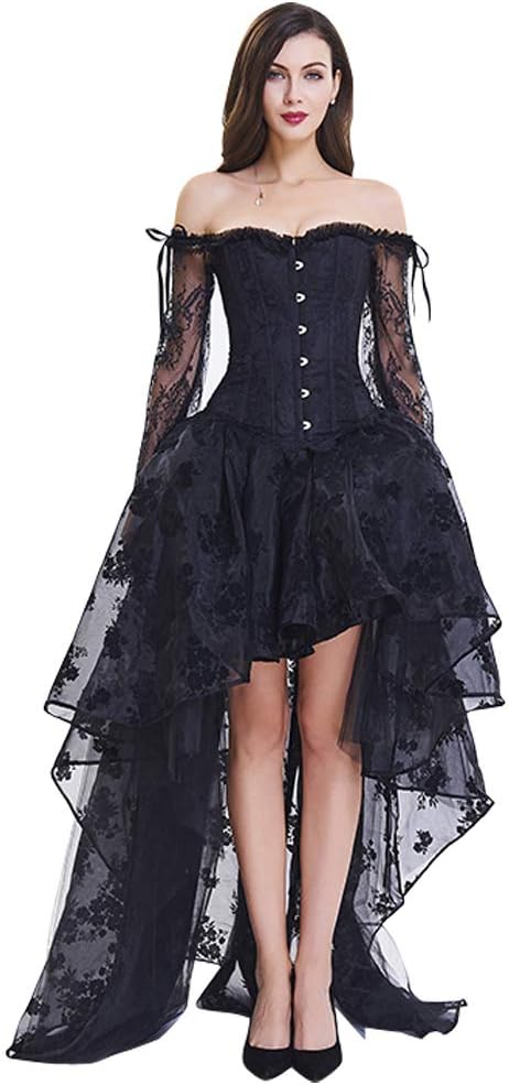 Kimring Women's Steampunk Victorian Off Shoulder Corset Top with High Low Skirt