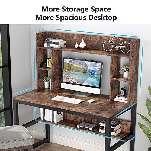 Tribesigns Computer Desk with Hutch, Modern Writing Desk with Storage Shelves, Office Desk Study Table Gaming Desk Workstation for Home Office, Light Brown + Black Legs