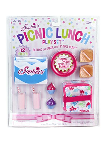 Sophia's Doll Food Picnic Playset of 12 Pieces, Thermal Cooler, Matching Picnic Blanket, 2 Pink Lemonade Glasses, 2 Plates, 2 Napkins, 2 Ham Sandwiches & 2 Cupcakes Perfect for 18 Inch American Dolls