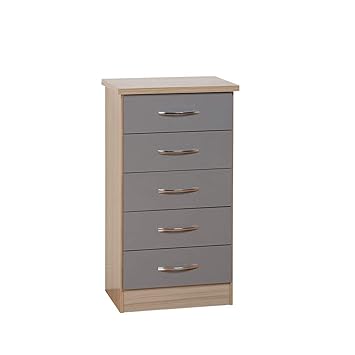 Owo Living High Gloss 5 Drawer Narrow Chest Drawers Light Oak Grey