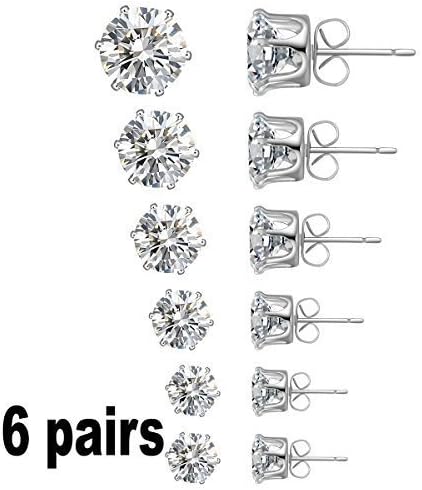 Jewelry Women's Stainless Steel Round Clear Cubic Zirconia Diamond Rhinestone Stud Earring (6 Pairs) Color Silver EAC-01