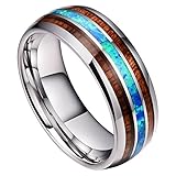 DOUX 8mm Mens Tungsten Carbide Ring Real Blue Opal & Koa Wood/Abalone Shell Inlay Wedding Band High Polished