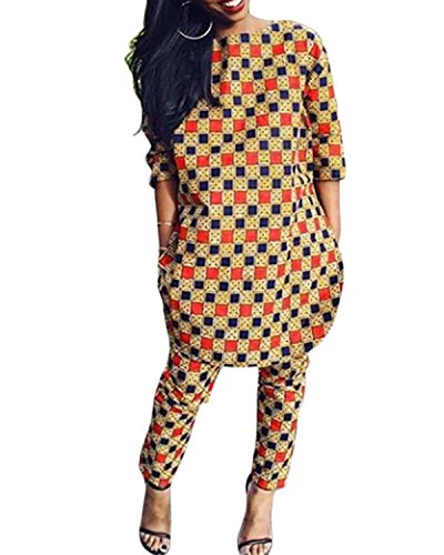 Womens 2 Piece Outfits 3/4 Sleeve African Print Dashiki Top and Legging Pants