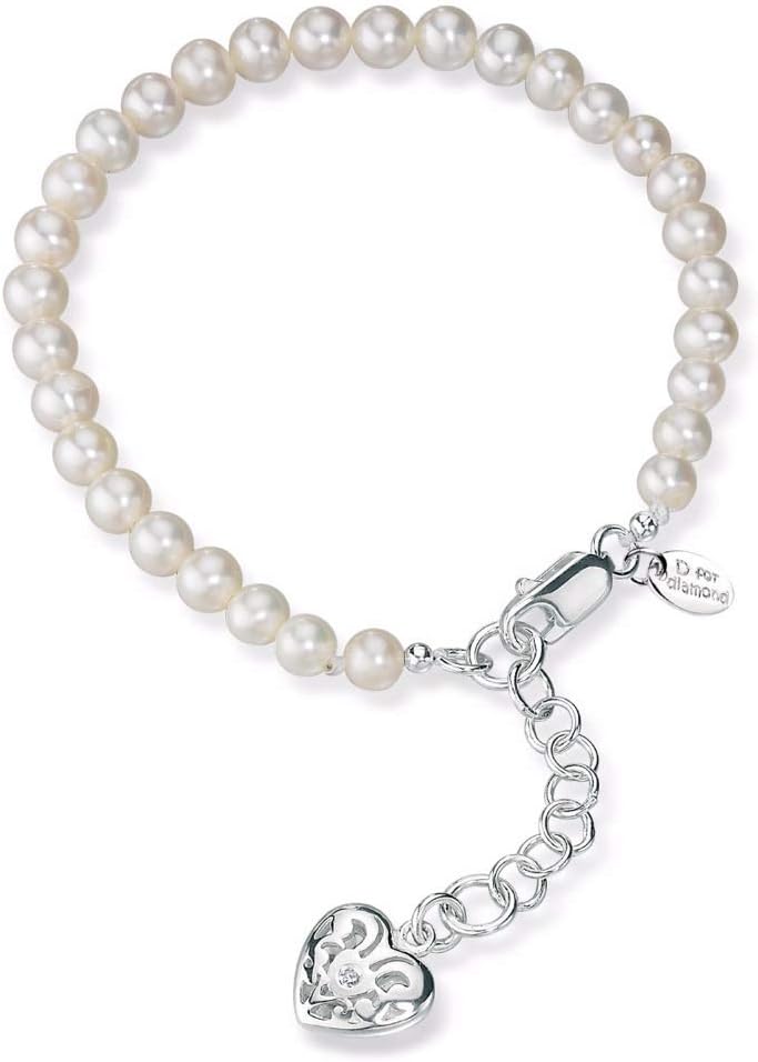 D for diamond Sterling Silver for Children's Freshwater Pearl Bracelet with Filigree Heart Locket of 14-16cm