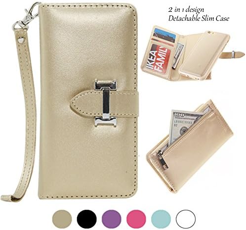 iPhone 6/6S Wallet Case with Magnetic Detachable Slim Case and Back Zipper Pocket for Changes&amp;Removable Wristlet, Made with Premium Faux Leather in Gold-By Weforever