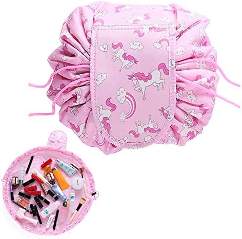 Portable Lazy Drawstring Cosmetic Bag, AUERVO Large Capacity Lazy Makeup Toiletry Bag Fashion Multifunction Pouch Travel Storage Organizer Quick Pack Waterproof For Women Girl (Pink)