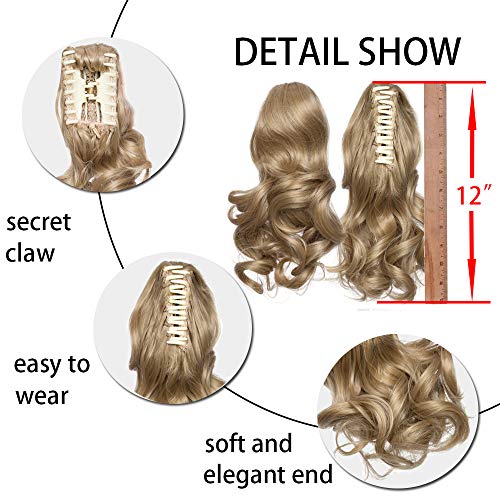 S-noilite 12" Short Curly Claw Ponytail Extension Clip In On Hairpiece With Jaw/Claw Synthetic Fluffy Pony Tail One Piece(12"curly,medium brown)