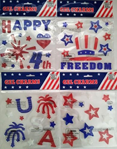 Gel Charms Patriotic Window Clings for Memorial Day, 4th of July Decor, Labor Day Bundle of 4 with USA, Freedom, Fireworks, Stars and Uncle Sam's Hat.