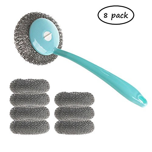 Stainless Steel Scourer Scrub Pad with Plastic Handle Cleaning Brush Stainless Steel&Plastic Wire Scrubbers1 Handle 8Pcs of Scouring/Cleaning Steel Wire Balls#19-QJQ-B