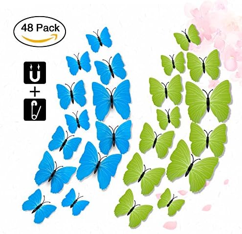 3D Lifelike Butterfly Wall Stickers, Rquite 48PCS Artificial waterproof Butterfly Decor Refrigerator Magnet Curtain Pin Wall Stickers Decals for Nursery Bathroom Kids Bedroom-Plain blue+green
