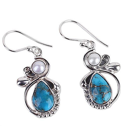 NOVICA Reconstituted Turquoise Cultured Freshwater Pearl Silver Dangle Earrings, ‘Joyous Blue Sky’
