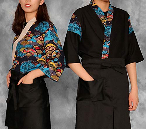 Mens Women Patchwork Sushi Chef Jacket Japanese Kitchen Uniform Sushi Workwear Printed Kimono Cardigan