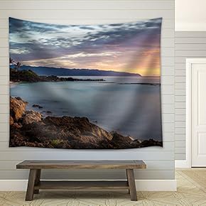 Beautiful Landscape of Seashore with Palm Trees and Rocks at Sunset - Fabric Wall Tapestry Home Decor - 51x60 inches