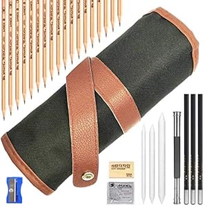 Akuoly Skizze Bleistift Skizzierstifte Set für Skizzieren und Zeichnen mit Kohlestifte Papierstifte Bleistifthalter Radier im Canvas Beutel, 29 Stück