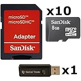 10 PACK - SanDisk 8GB MicroSD HC Memory Card SDSDQAB-008G (Bulk Packaging) LOT OF 10 with SD Adapter and SoCal Trade USB 2.0 MicoSD & SD Memory Card Reader