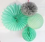 SUNBEAUTY Mint Series Grey Tissue Paper Pompom Mint Green Paper Fan Honeycomb Ball and Mint Green Paper Lantern Pack of 4