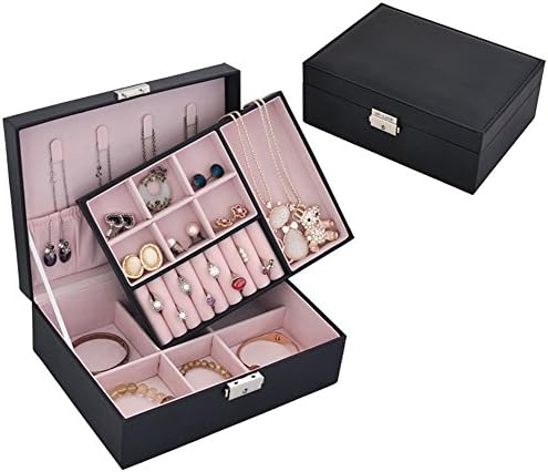 NirongLavie Jewelry Box Women Jewellery Storage Case Girls Jewelry Organizer 2 Layer 13 Section Small Square Leather Lockable Jewelry Display Box Mini Travel Style Birthday Christmas Gifts Black