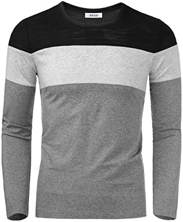 KAIUSI Contrast Color T-Shirt Top, Men's Crew Neck Long Sleeve Casual Tops Large Grey #2