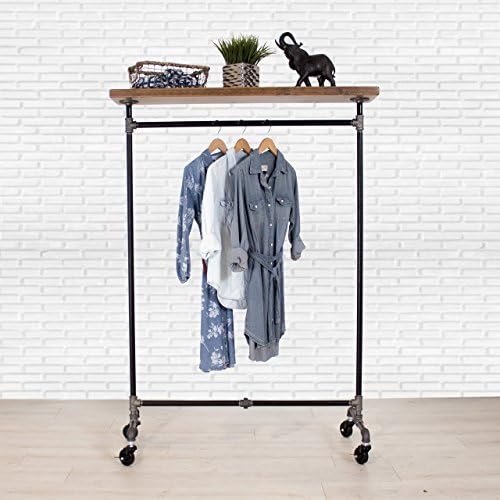Industrial Pipe Rolling Clothing Rack with Solid Wood Top Shelving by William Robert's Vintage