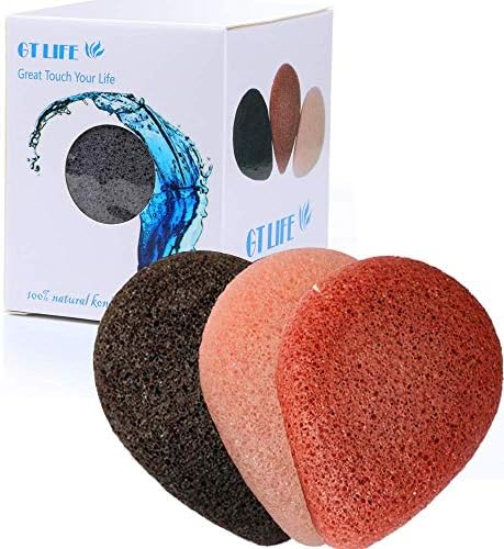 GT LIFE Konjac Sponge 100% Natural Facial Sponge with Activated Bamboo Charcoal for Deep Pore Cleansing (3 Packs)